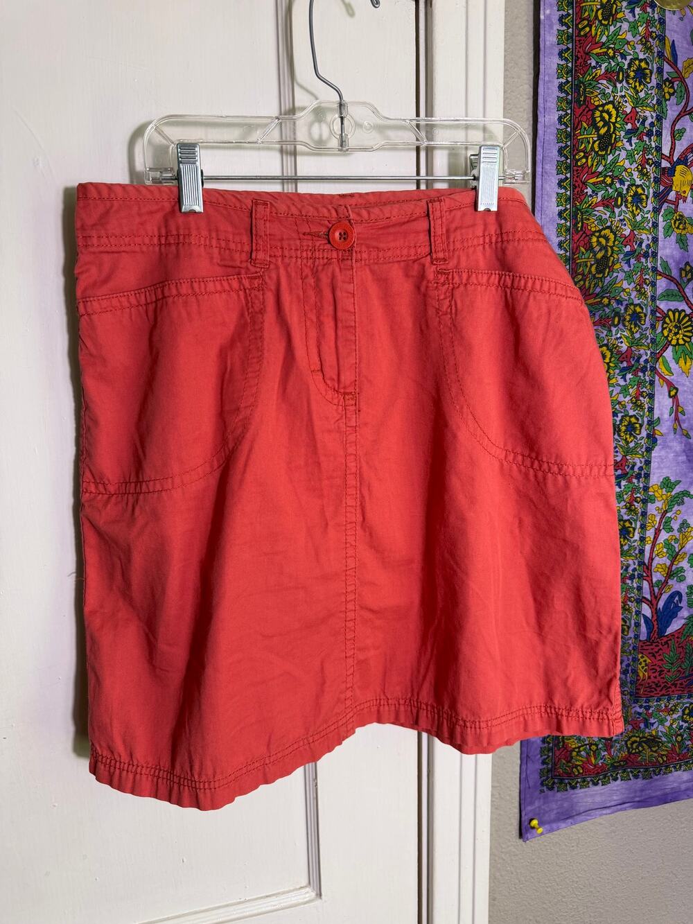 Faded Glory Womens Size 8 Coral Cotton Utility Skirt Knee Length Pockets